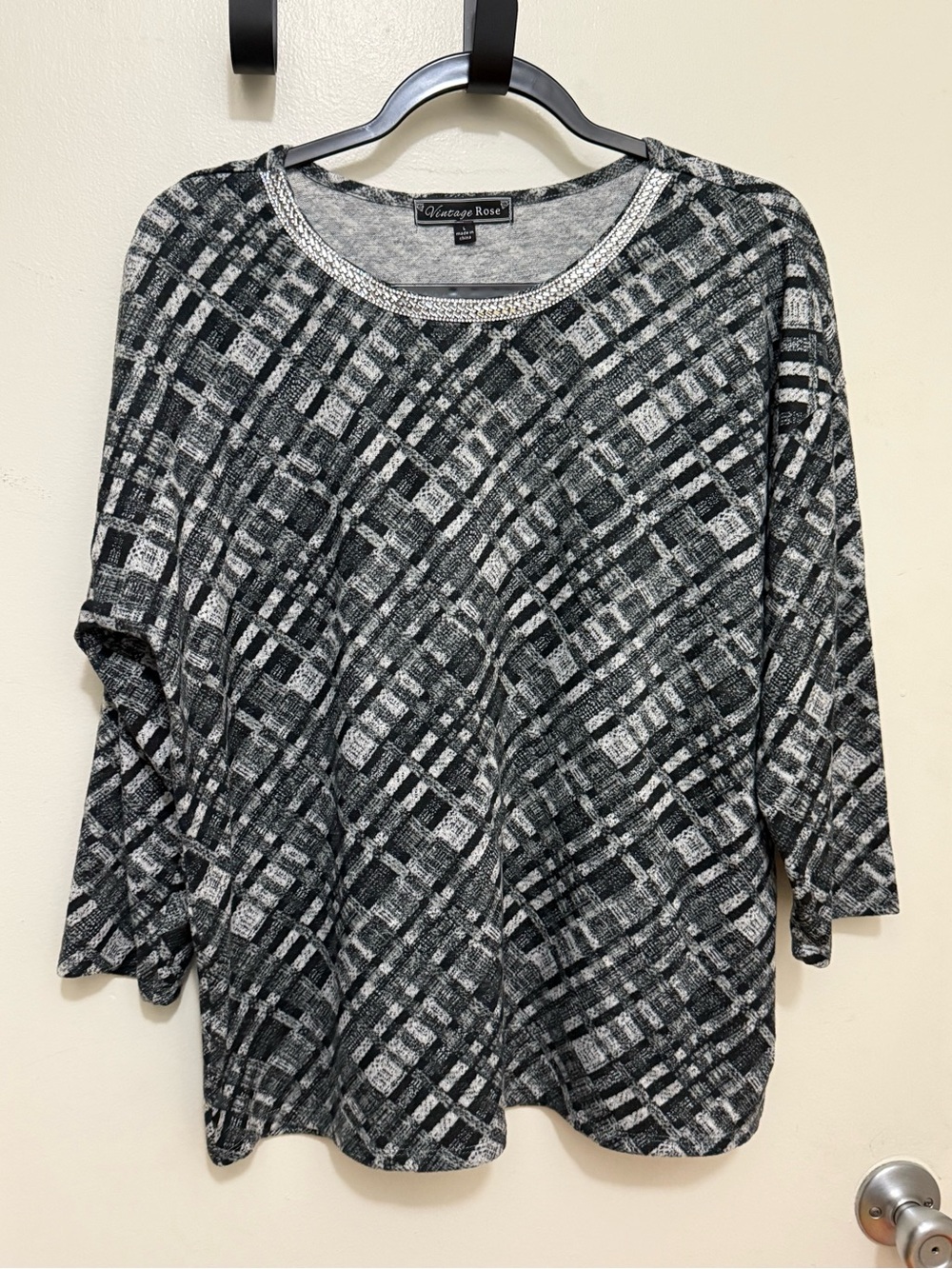 Vintage Rose Black & Gray Plaid Knit Women’s Top Rhinestone on front collar